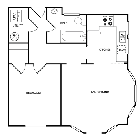 A floor plan of a house with a bedroom, bathroom, kitchen, and living/dining area.