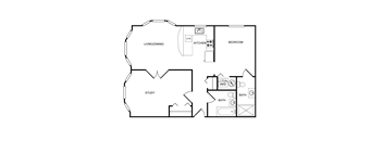 A floor plan of a house with a living/dining area, kitchen, bedroom, study, and bathroom.