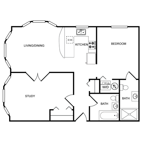 A floor plan of a house with a living/dining area, kitchen, bedroom, study, and bathroom.