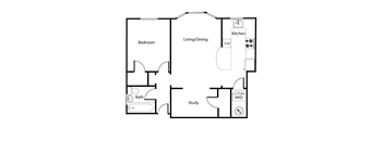 A floor plan of a house with a bedroom, living/dining area, study, and bathroom.