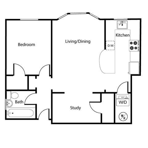 A floor plan of a house with a bedroom, living/dining area, study, and bathroom.