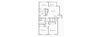 A floor plan of a house with two bedrooms, a living room, a kitchen, a dining room, and a deck.