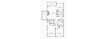 A floor plan of a house with a deck, two bathrooms, a living room, a dining area, a kitchen, a den, and two bedrooms.