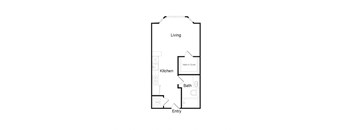 A floor plan of a home with a living room, kitchen, bathroom, and entry.