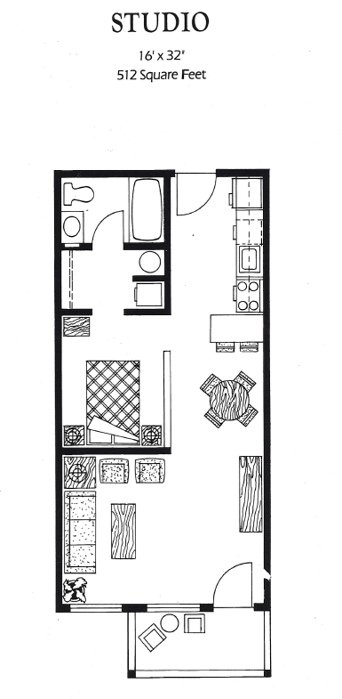 A black and white floor plan of a studio apartment.