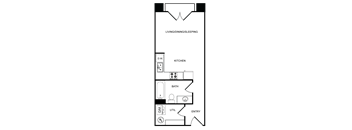 A floor plan of a small apartment with a kitchen, bathroom, and living room.
