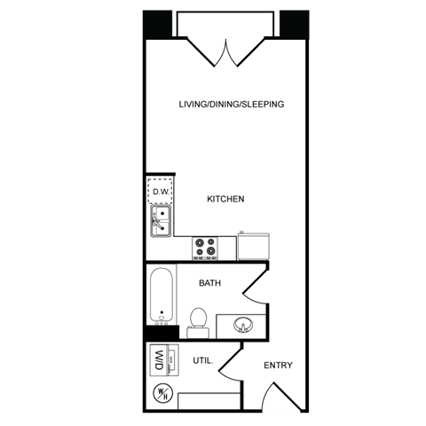 A floor plan of a small apartment with a kitchen, bathroom, and living room.