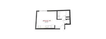 A floor plan of an apartment with the label "UNITS 210 - 810 423 SF".