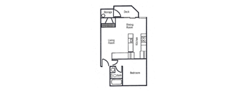 A floor plan of a small apartment with a living room, dining room, kitchen, bedroom, and bathroom.