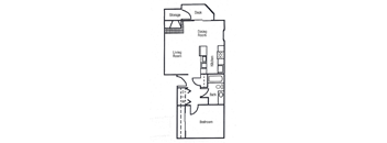 A floor plan of a house with a deck, storage, dining room, living room, kitchen, bath, and bedroom.