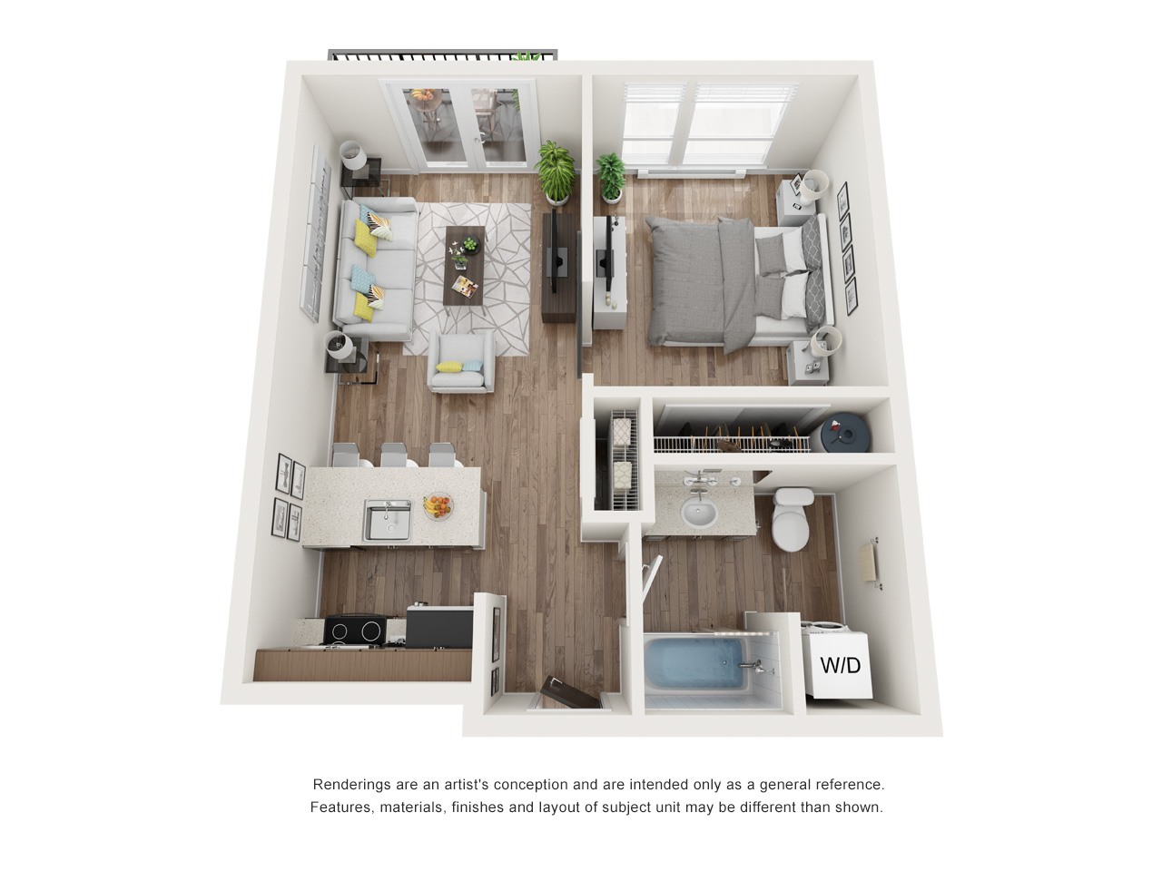 A floor plan of a small apartment with a kitchen, living room, and bedroom.