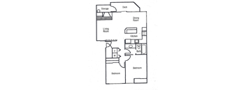 A floor plan of a small apartment with a living room, dining room, kitchen, two bedrooms, and a storage area.
