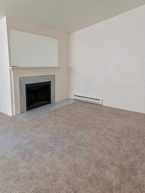 A room with a fireplace and a carpeted floor.