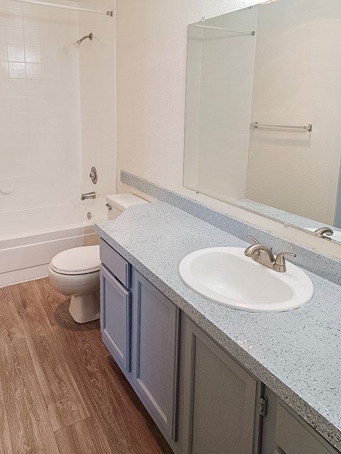 A bathroom with a toilet, sink, and mirror.