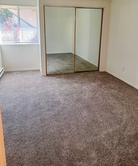A room with a carpeted floor and a sliding glass door.
