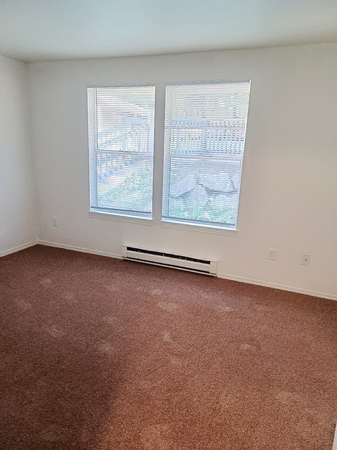 A room with a carpeted floor and a window with blinds.