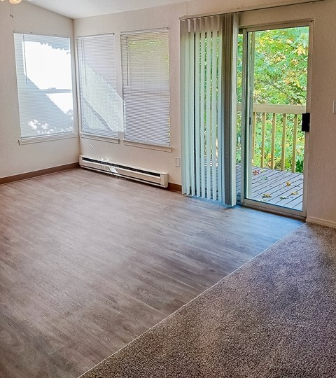 A room with a sliding glass door leading to a balcony.