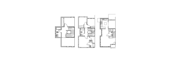 Three floor plans of a house with different layouts.