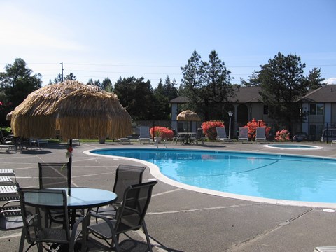 A pool with a table and chairs around it.