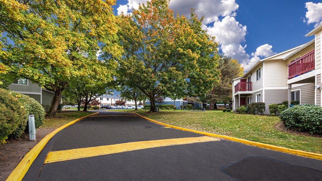 A tree with yellow leaves is in front of a white house.