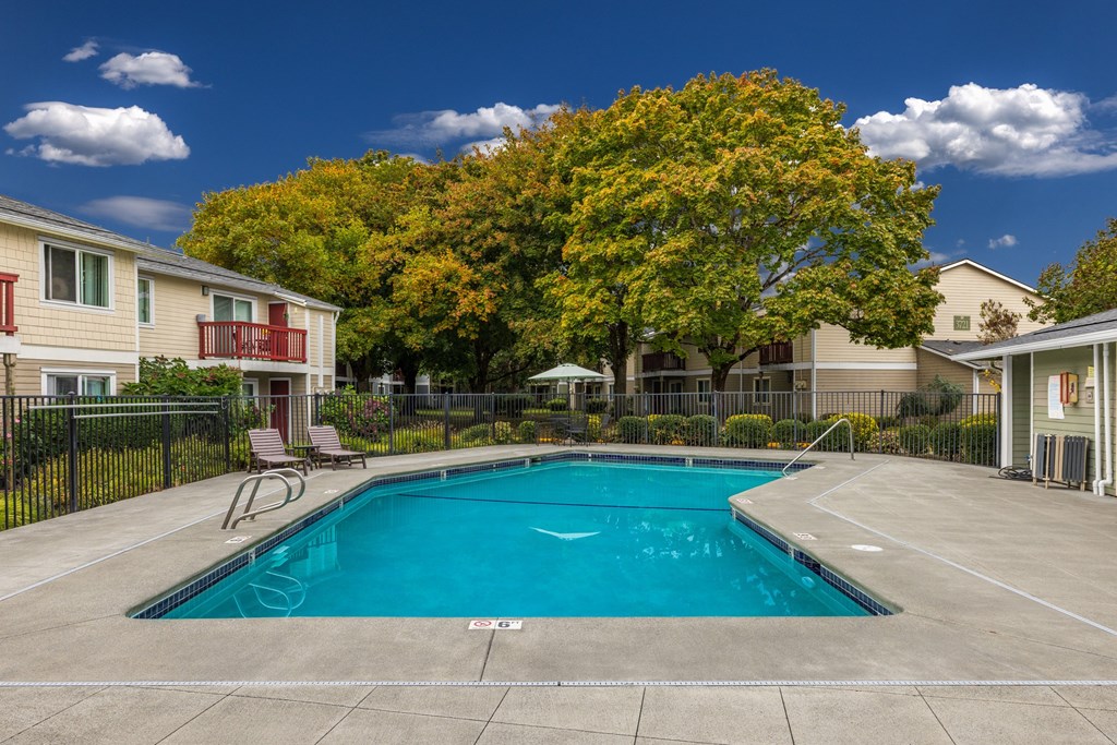 A swimming pool surrounded by a fence and trees.