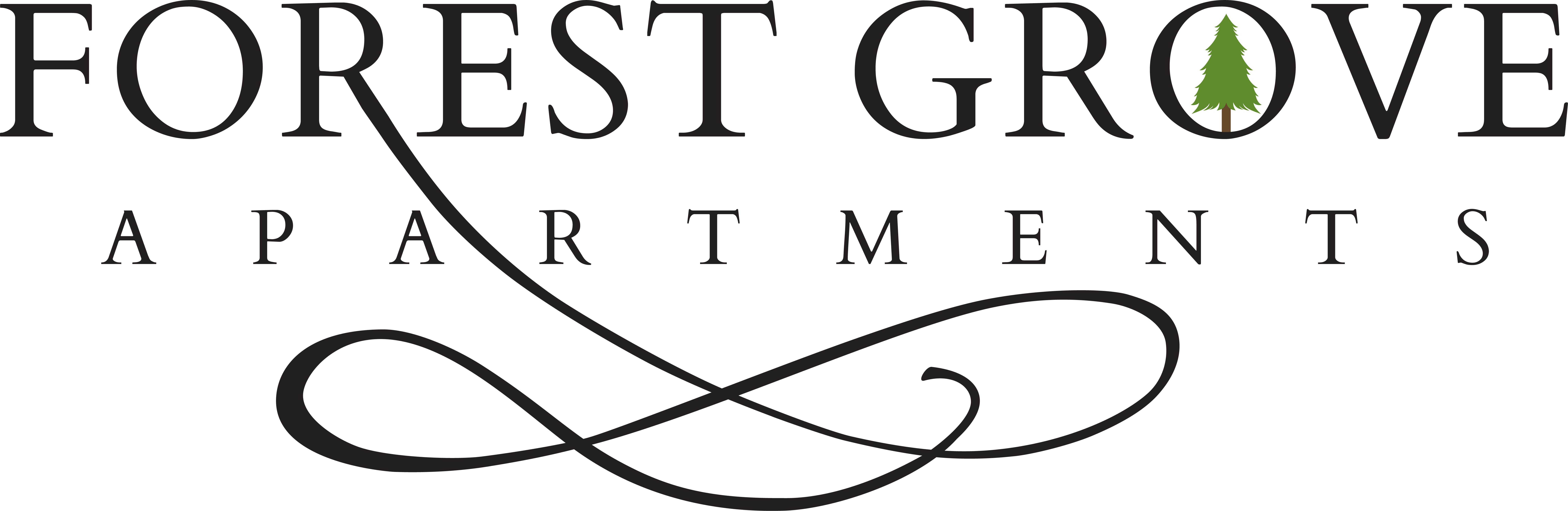 A logo for Forest Grove Apartments with a green tree.