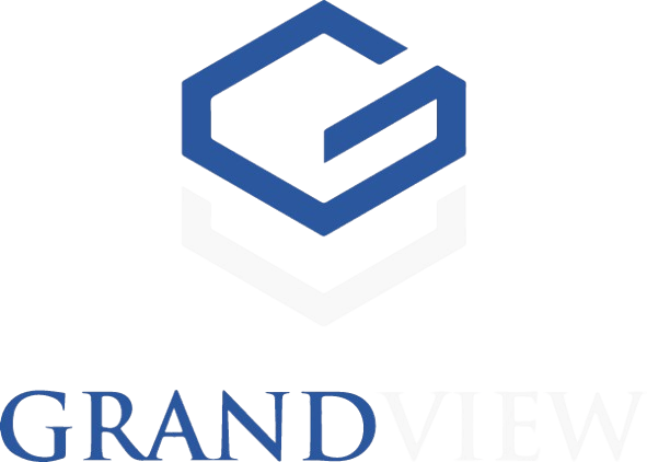 The image shows a logo with the text "GRANDVIEW" in blue letters.