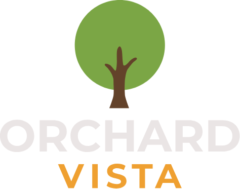 A logo with a tree and the words "ORCHARD VISTA" in front of a green circle.