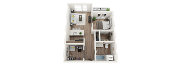 A top-down view of a small, well-organized apartment with a kitchen, living room, and bedroom.
