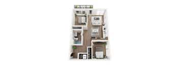 A 3D floor plan of a small apartment with a kitchen, living room, and bedroom.