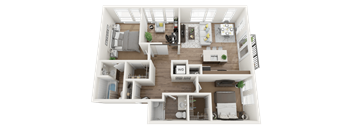 A 3D floor plan of a two-bedroom apartment with a living room, kitchen, and bathroom.
