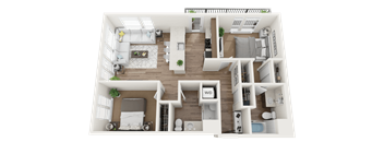 A 3D floor plan of a house with a living room, kitchen, and bedrooms.