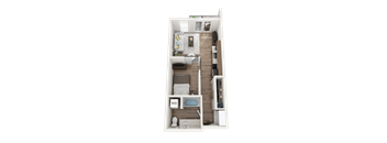 A small apartment with a bedroom, living room, and kitchen area.