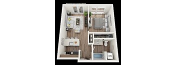 A top-down view of a small, neatly organized apartment with a kitchen, living room, bedroom, and bathroom.