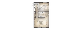A floor plan of a small apartment with a bedroom, kitchen, and living room.