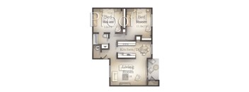 A floor plan of a small apartment with two bedrooms, a kitchen/dining area, and a living room.