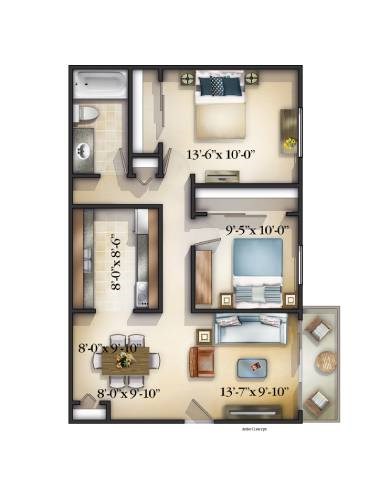 A floor plan of an apartment with dimensions of each room.