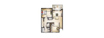 A drawing of a floor plan for a home with a kitchen, living room, and bathroom.