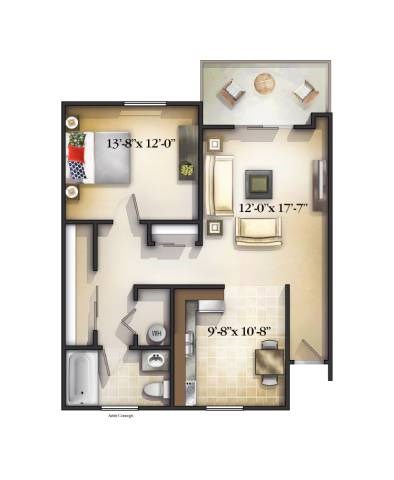 A drawing of a floor plan for a home with a kitchen, living room, and bathroom.