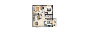 A floor plan of a small apartment with a kitchen, living room, and bedroom.