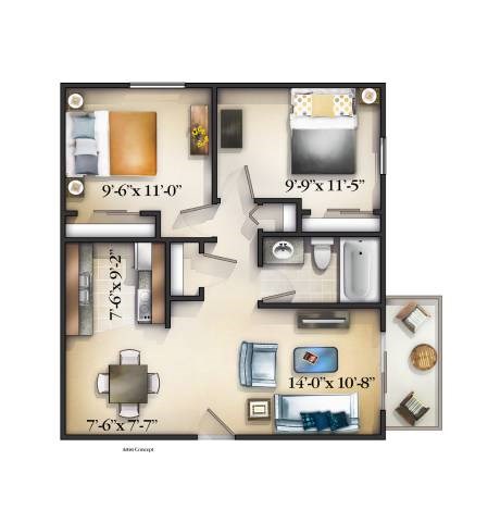 A floor plan of a small apartment with a kitchen, living room, and bedroom.