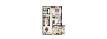 A floor plan of a small apartment with a kitchen, living room, and two bedrooms.