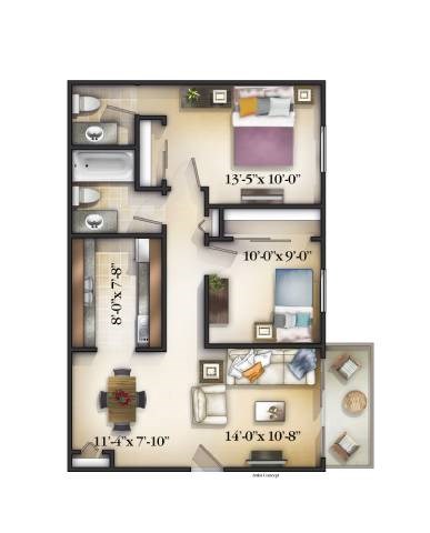 A floor plan of a small apartment with a kitchen, living room, and two bedrooms.