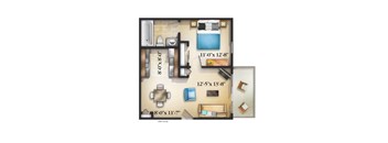 A floor plan of a small apartment with a kitchen, living room, and bathroom.