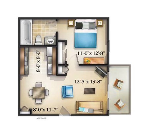 A floor plan of a small apartment with a kitchen, living room, and bathroom.