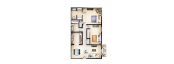 A floor plan of a house with a kitchen, living room, and two bedrooms.