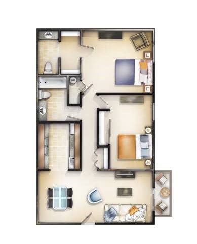 A floor plan of a house with a kitchen, living room, and two bedrooms.