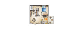A floor plan of a small apartment with a kitchen, living room, and bathroom.