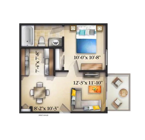 A floor plan of a small apartment with a kitchen, living room, and bathroom.
