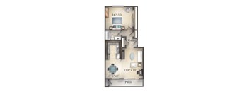 A floor plan of a small apartment with a patio.